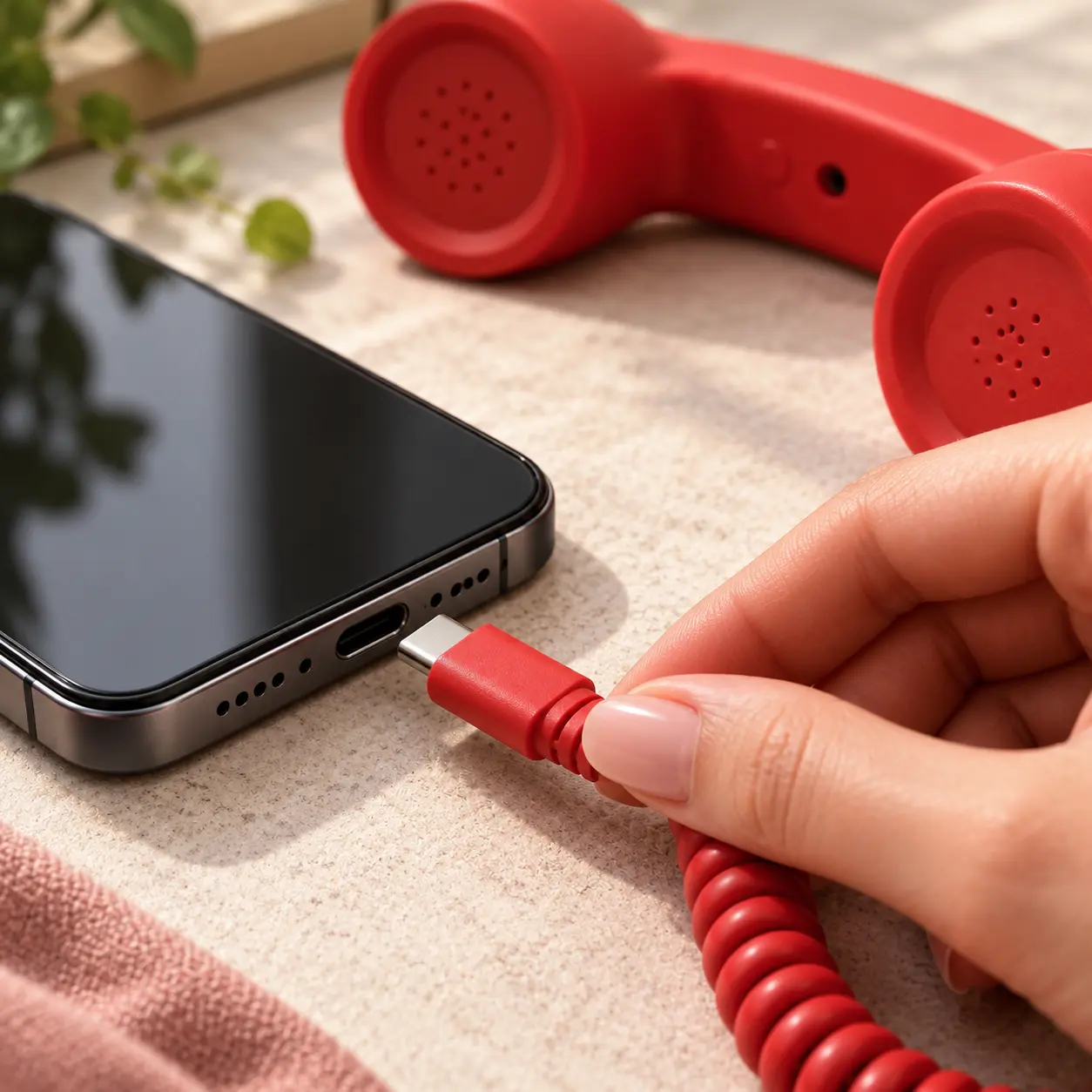 Close-up of the RetroCall USB-C plug on the coiled cord