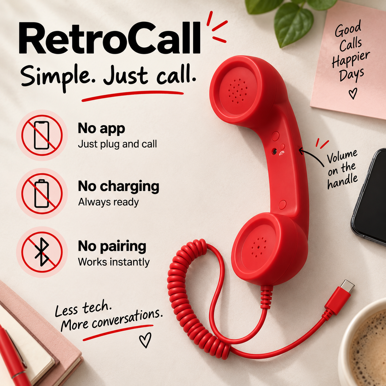 RetroCall handset with the words simple, just call