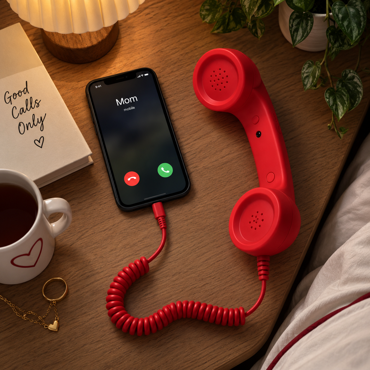Red RetroCall handset resting next to a phone on a nightstand during a call