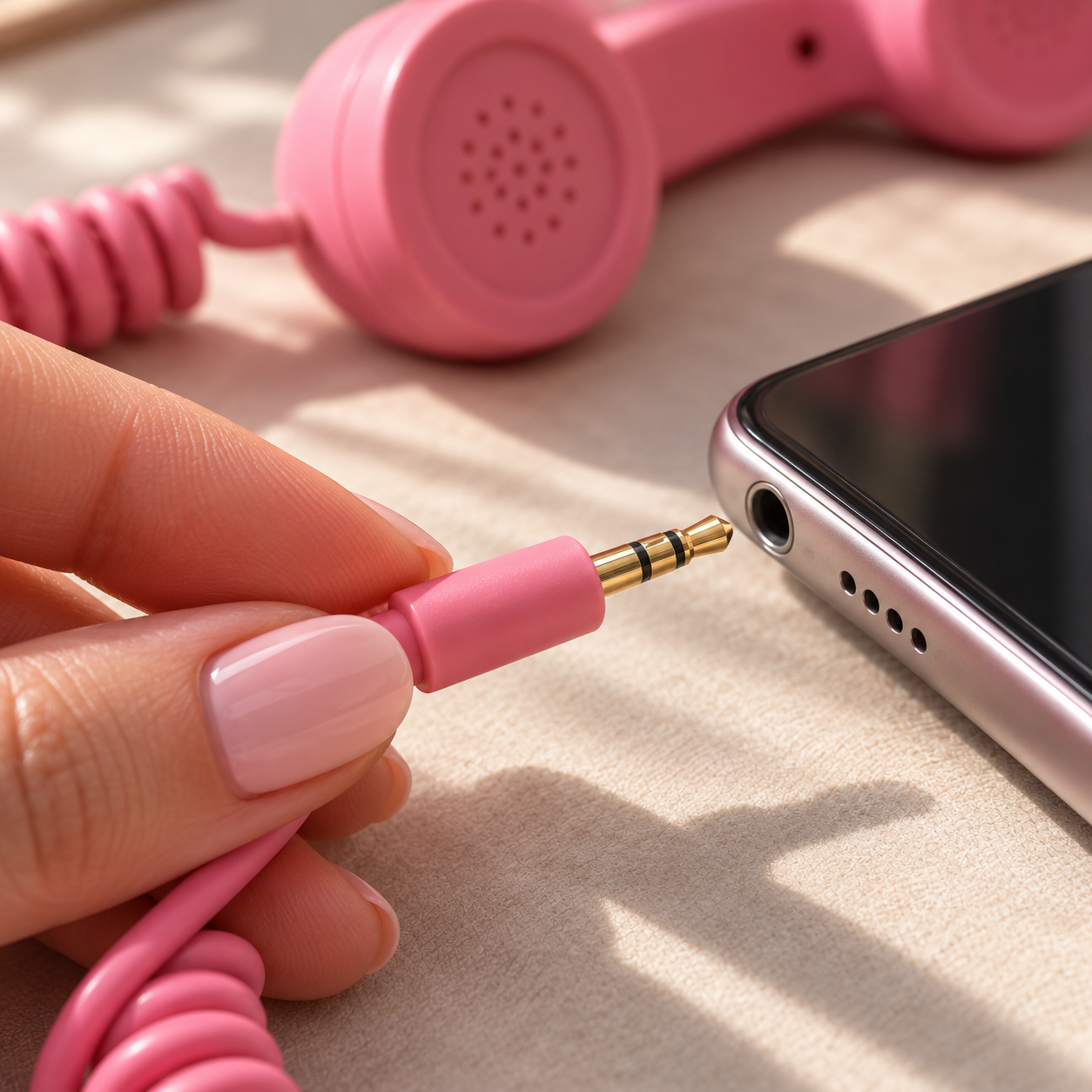 Close-up of the RetroCall 3.5 mm jack plug on the coiled cord
