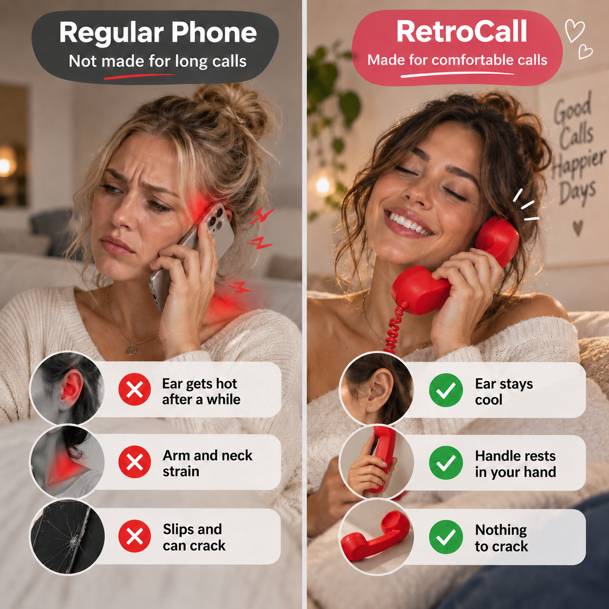 Comparison between holding a regular phone and talking on a RetroCall handset