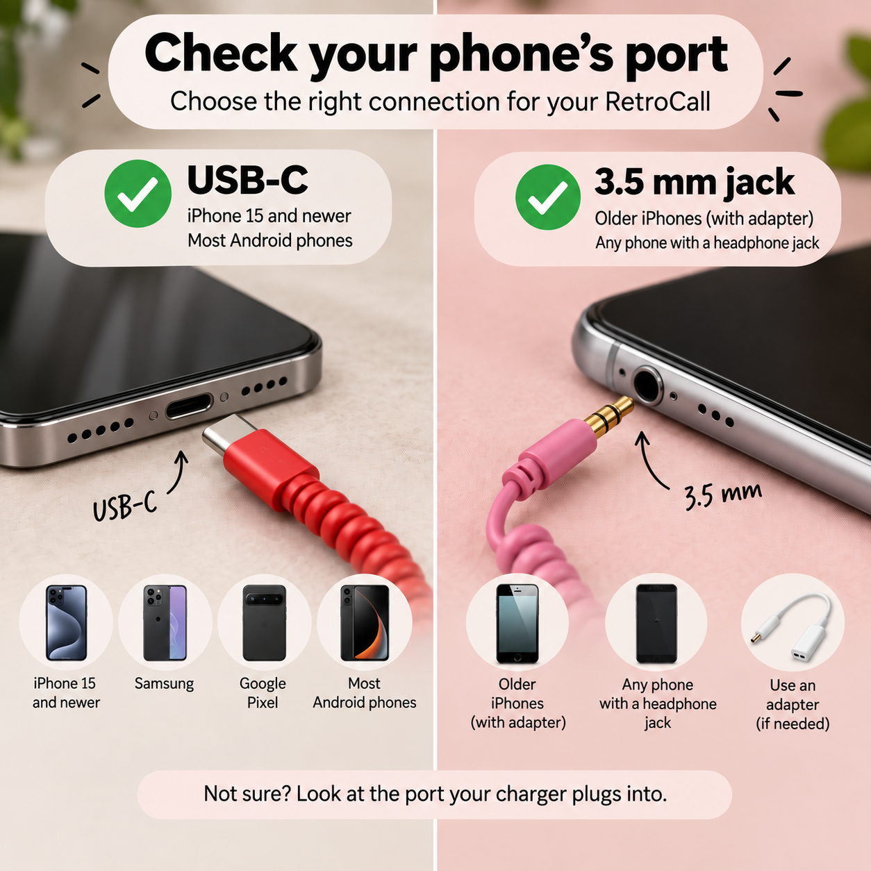 Guide showing how to check whether your phone has a USB-C port or a 3.5 mm headphone jack